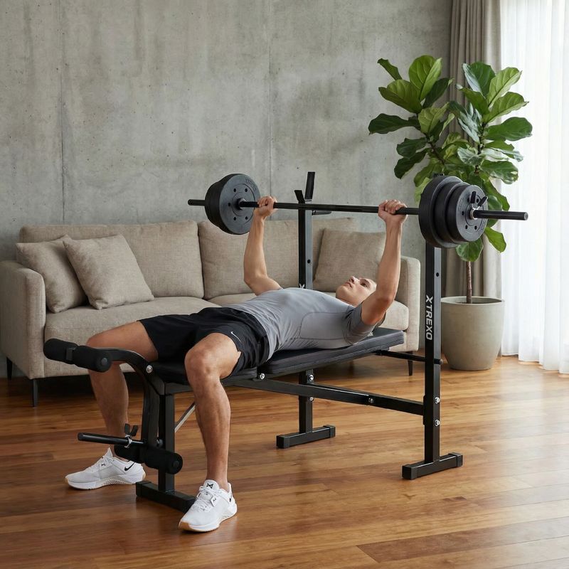 XTREXO BenchFit Lite training bench with stand and barbell black 3